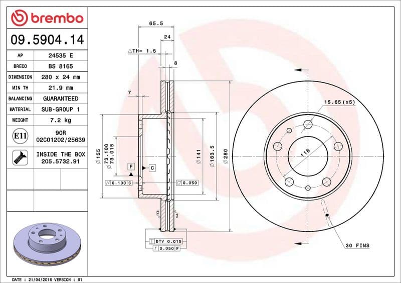 Brake disc Voor Links/Rechts past: CITROEN JUMPER I, JUMPER II, JUMPER III  FIAT DUCATO  PEUGEOT BOXER 1.9D-3.0D 02.94-