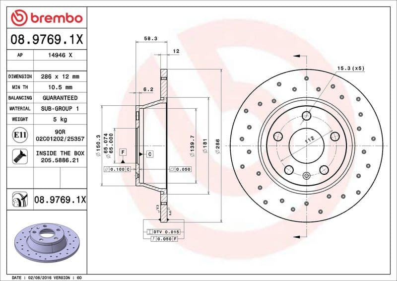 Brake disc, BREMBO Xtra, 1pcs, Drilled, Achter   Links/Rechts, buitendiameter 286 mm, dikte 12 mm, past: AUDI TT 1.8-3.2 08.06-06.14