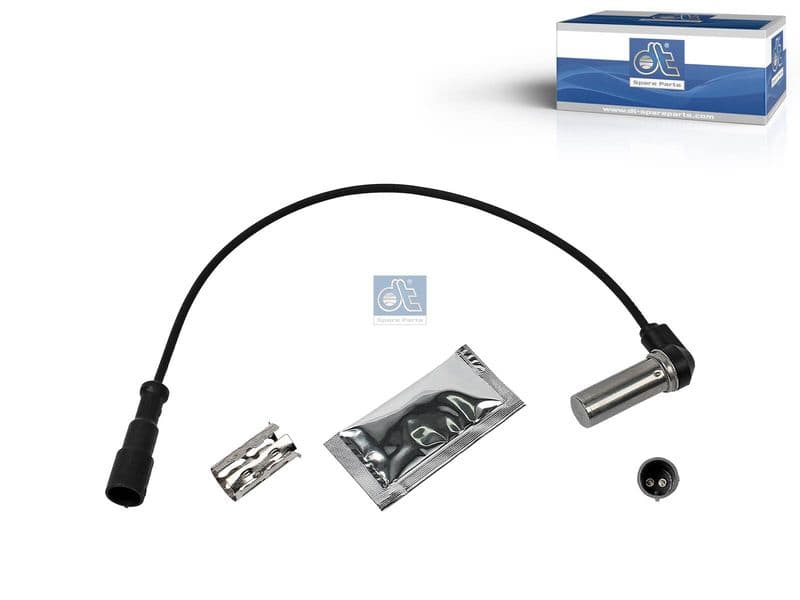 ABS-sensor Achter Links/Rechts (hoekig, 410mm, 2pin, met een montagehuls) past: DAF 65, 65 CF, 75, 75 CF, 85, 85 CF, 95, 95 XF, CF 65, CF 75, CF 85, F 1700, F 1900, F 2100, F 2300, F 2500, F 2700
