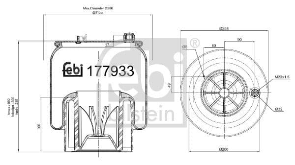 Luchtveringsbalgen Achter (diameter: 258mm) past: MERCEDES ACTROS MP4 / MP5, ANTOS, AROCS 07.11-