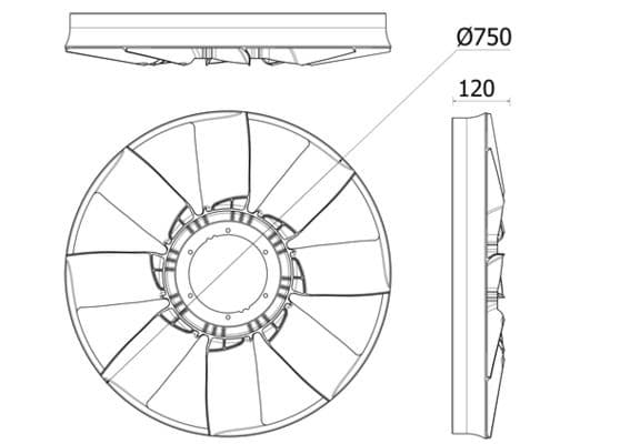 Radiator plezier (diameter 750mm, aantal bladen 8) past: MERCEDES ACTROS MP4 / MP5, ANTOS, AROCS, ECONIC 2  SETRA 400 OM936.912-OM936.974 07.11-
