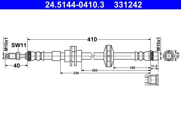 Remleiding/slang flexibel Voor Links/Rechts (lengte 410mm, M10x1/M10x1) past: RENAULT LAGUNA, LAGUNA III 1.5D-3.5 10.07-12.15