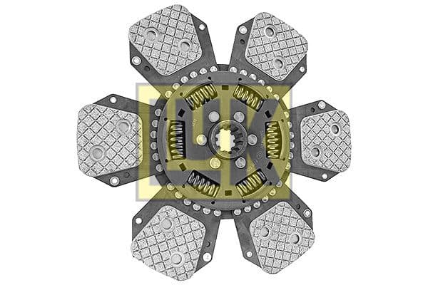 Koppelingsplaat/plaat keramiek (327mm  aantal peddels: 6) past: JOHN DEERE 1641, 2040S, 2140, 2140DT, 2141, 2251, 2251N, 2351, 2355N, 2541, 2555, 2650, 2650F, 2651, 2750 2WD, 2750 4WD, 2755, 2850