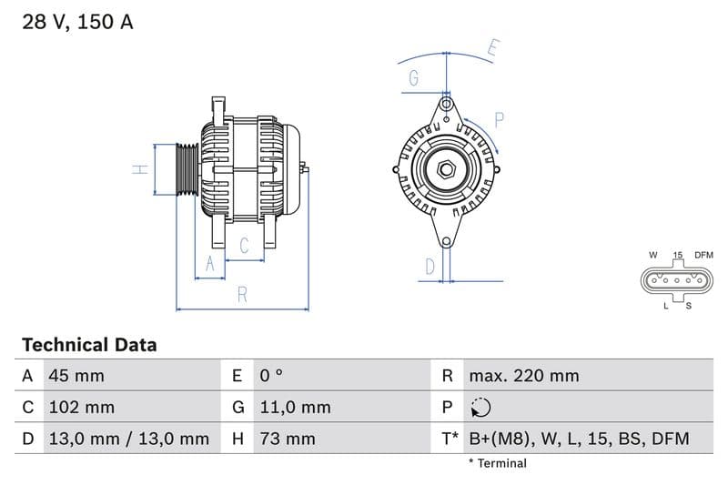 Dynamo (28V, 150A, gereviseerd) past: RVI C, K, T  VOLVO FH, FH II, FH III, FM, FM II, FM III, FMX II, FMX III D11A-330-G13C500 09.05-