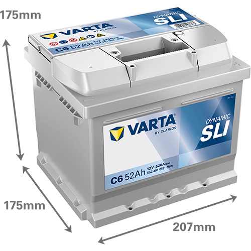Batterij VARTA 12V 52Ah/520A (EN) Dynamic SLI (R+) 207x175x175 B13 - montageflens 10,5 mm (beginnen)