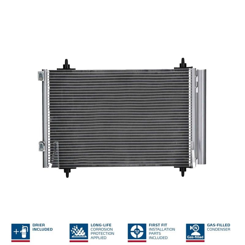 A/C condensator (met droger, (EN) additional fitting elements) past: DS DS 4, DS 5  CITROEN BERLINGO, BERLINGO MULTISPACE, C4, C4 GRAND PICASSO I, C4 I, C4 II, C4 PICASSO I, DS4 1.2-Electric 08.00-