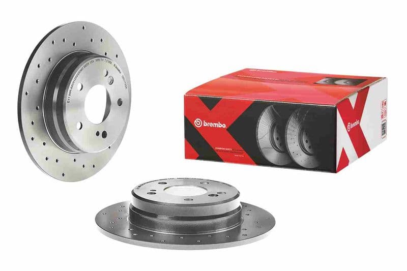 Brake disc, BREMBO Xtra, 1pcs, Drilled, Achter   Links/Rechts, buitendiameter 278 mm, dikte 9 mm, past: MERCEDES 124 T-MODEL (S124), C (CL203), C (W202), C (W203) 1.6-4.2 09.85-06.11