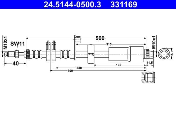 Remleiding/slang flexibel Achter Links/Rechts (lengte 500mm, M10x1/M10x1) past: CITROEN C8  PEUGEOT 807 2.0D/2.2D 03.06-