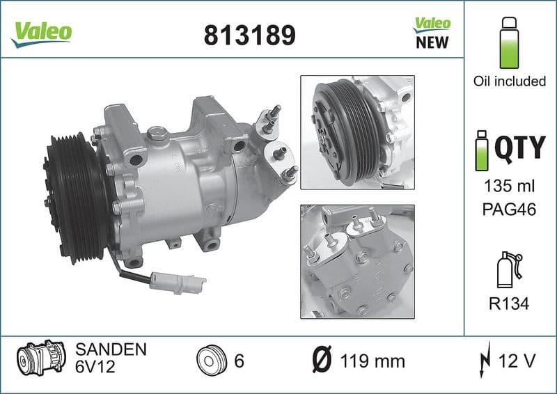 Airconditioning compressor past: CITROEN BERLINGO, C2, C2 ENTERPRISE, C3 I, C3 PLURIEL, NEMO, XSARA, XSARA PICASSO  PEUGEOT 1007, 206, 206+, 207, 307, BIPPER, BIPPER TEPEE, PARTNER 1.1-2.0 06.96-