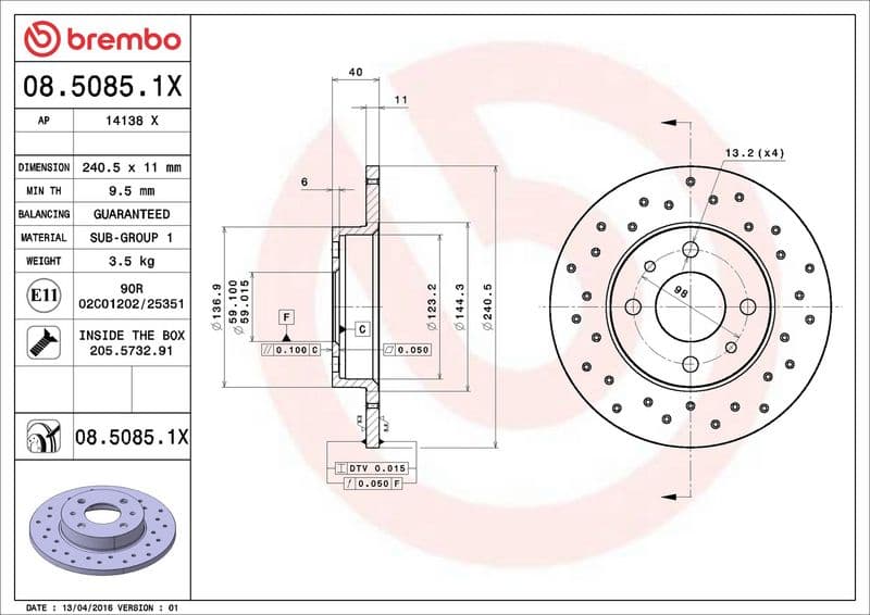 Brake disc, BREMBO Xtra, 1pcs, Drilled, Achter   Links/Rechts, buitendiameter 240 mm, dikte 11 mm, past: ABARTH 500 / 595 / 695, 500C / 595C / 695C  ALFA ROMEO 145, 146 0.7-Electric 09.74-