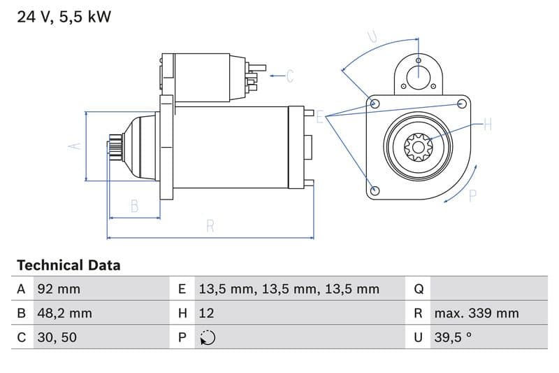 Starter (24V, 5,5kW, gereviseerd) past: MERCEDES ACTROS, ACTROS MP2 / MP3, ACTROS MP4 / MP5, ATRON, AXOR, AXOR 2, CITARO (O 530), CONECTO (O 345), TOURISMO (O 350) 471.943-OM542.966 04.96-
