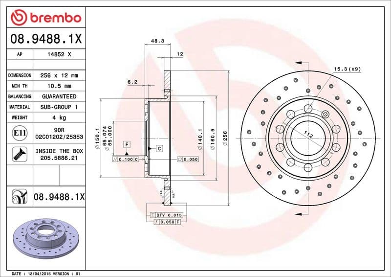 Brake disc, BREMBO Xtra, 1pcs, Drilled, Achter   Links/Rechts, buitendiameter 256 mm, dikte 12 mm, past: AUDI A3  SEAT ALTEA, ALTEA XL, TOLEDO III  SKODA OCTAVIA I 1.2-3.6 09.00-08.20