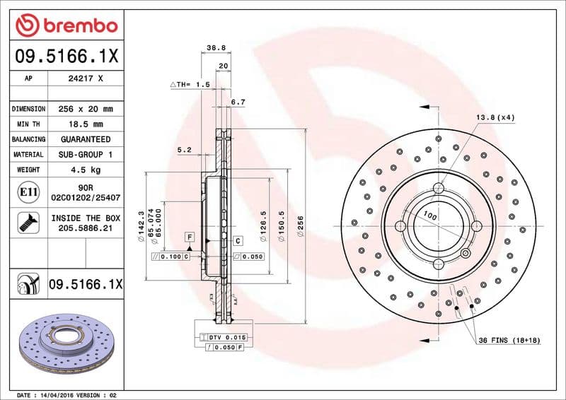 Brake disc, BREMBO Xtra, 1pcs, Drilled, Voor   Links/Rechts, buitendiameter 256 mm, dikte 20 mm, past: SEAT AROSA, CORDOBA, CORDOBA VARIO, IBIZA II, INCA, TOLEDO I 1.0-2.2 05.84-06.09