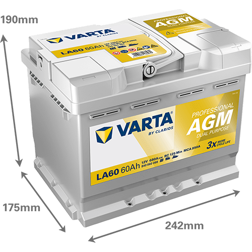 Batterij VARTA 12V 60Ah/680A (EN) PROFESSIONAL DUAL PURPOSE AGM (R+) 242x175x190 B13 - montageflens 10,5 mm