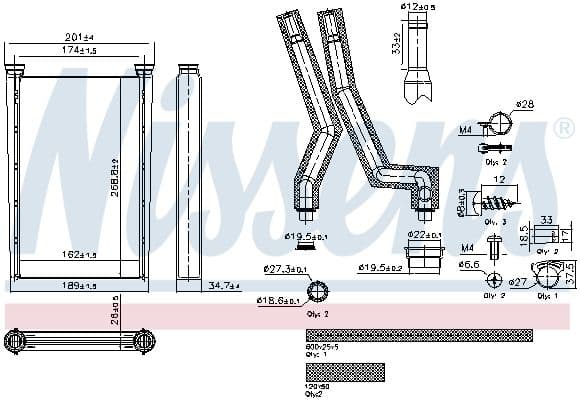 Verwarming (162x269x26mm, met leidingen) past: MERCEDES ACTROS MP4 / MP5, ANTOS, AROCS 471.943-OM936.916 07.11-