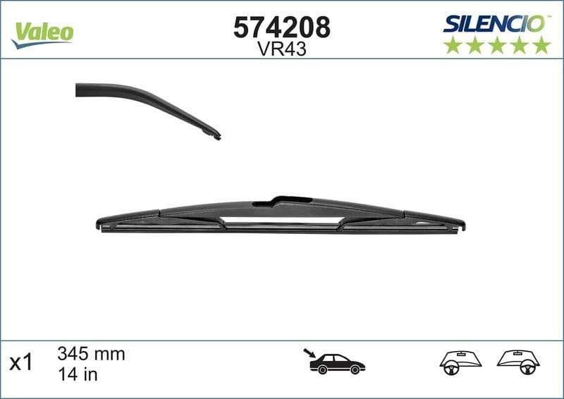 Wisserblad Standaard Achter met spoiler (1pcs) VR43 Silencio 345mm past: OPEL ZAFIRA C  SSANGYONG KORANDO 11.10-