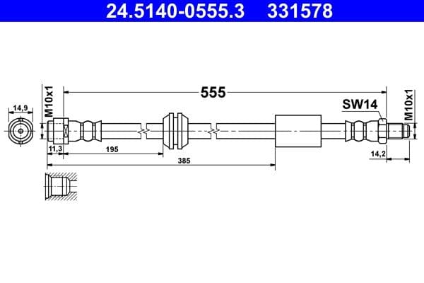 Remleiding/slang flexibel Voor Links/Rechts (lengte 555mm, M10x1) past: MERCEDES R (W251, V251) 3.0-6.2 08.05-12.14