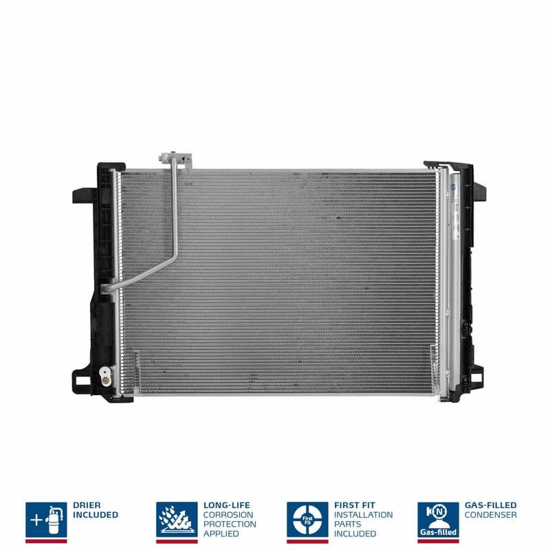 A/C condensator (met droger, (EN) additional fitting elements) past: MERCEDES C (C204), C T-MODEL (S204), C (W204), CLS (C218), CLS SHOOTING BRAKE (X218), E (A207), E (C207) 1.6-6.2 01.07-