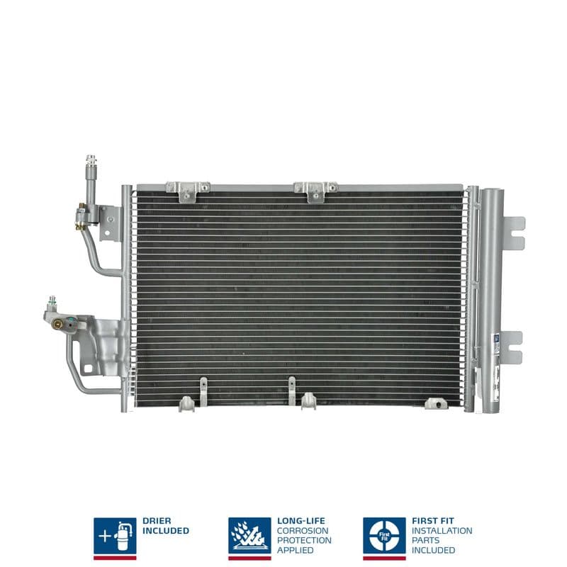 A/C condensator (met droger, (EN) additional fitting elements) past: OPEL ASTRA H, ASTRA H CLASSIC, ASTRA H GTC, ZAFIRA B 1.3D-2.0 04.04-