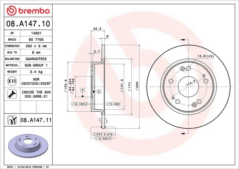 Brake disc Achter Links/Rechts past: HONDA CIVIC IX, CIVIC VIII, CR-V III 1.3-2.2D 09.05-12.16