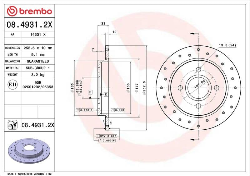 Brake disc, BREMBO Xtra, 1pcs, Drilled, Achter   Links/Rechts, buitendiameter 253 mm, dikte 10 mm, past: FORD FIESTA, FIESTA V, FIESTA VI, FOCUS I, SCORPIO I, SCORPIO II 1.0-2.9 08.82-01.18