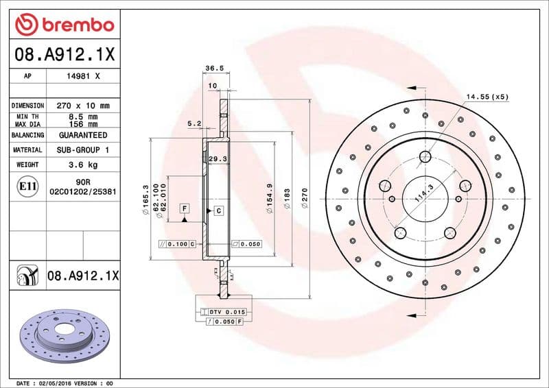 Brake disc, BREMBO Xtra, 1pcs, Drilled, Achter   Links/Rechts, buitendiameter 270 mm, dikte 10 mm, past: TOYOTA AURIS, COROLLA 1.2-2.2D 10.06-08.19