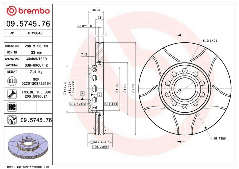 Brake disc, BREMBO Max, 1pcs, Cut, Voor   Links/Rechts, buitendiameter 288 mm, dikte 25 mm, past: AUDI 100 C4, A4 B5, A4 B6, A4 B7, A6 C4, A6 C5  SEAT EXEO, EXEO ST 1.6-3.2 12.90-05.13