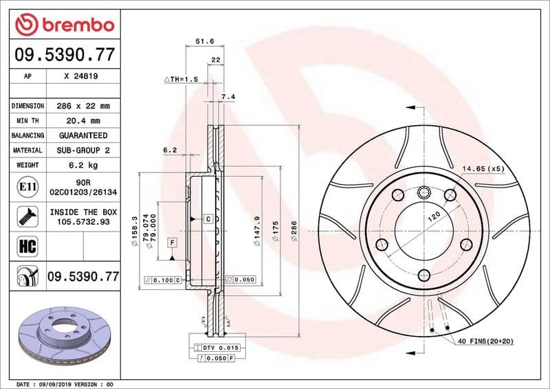 Brake disc, BREMBO Max, 1pcs, Cut, Voor   Links/Rechts, buitendiameter 286 mm, dikte 22 mm, past: BMW 3 (E36), 3 (E46), Z3 (E36), Z4 (E85) 1.6-2.8 09.90-02.09
