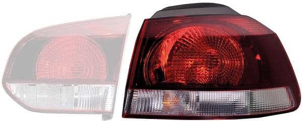 Achterlicht Links (extern, W16W/WY21W, kleur indicator wit, kleur van het glas red/wit) past: VW GOLF VI 10.08-11.13