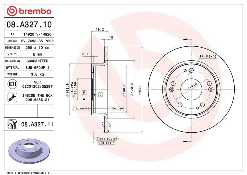 Brake disc Achter Links/Rechts past: HONDA ACCORD VII 2.0/2.2D/2.4 09.02-05.08
