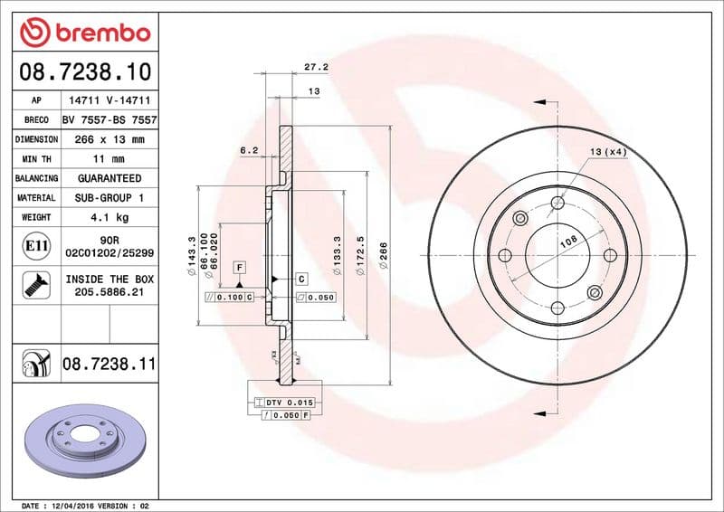 Brake disc Voor Links/Rechts past: CITROEN BERLINGO, C-ELYSEE, C2, C2 ENTERPRISE, C3 I, C3 II, C3 PLURIEL, C4 CACTUS  PEUGEOT 301, PARTNER, PARTNER ORIGIN 1.1-Electric 05.96-