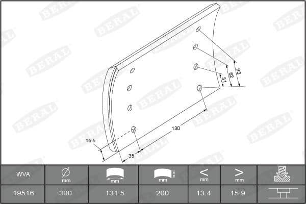 Brake shoe lining Achter (300x200. 1-overmaat) past: SAF past: SAF 5, KRZ, KRZP, RZ, RZM, RZMP, RZP, SK, SKRLZ, SKRS, SKRZ, SKZRLZ, WRLZ, WRLZM, WRSM, WRZ, WRZM, WZRLZM, Z