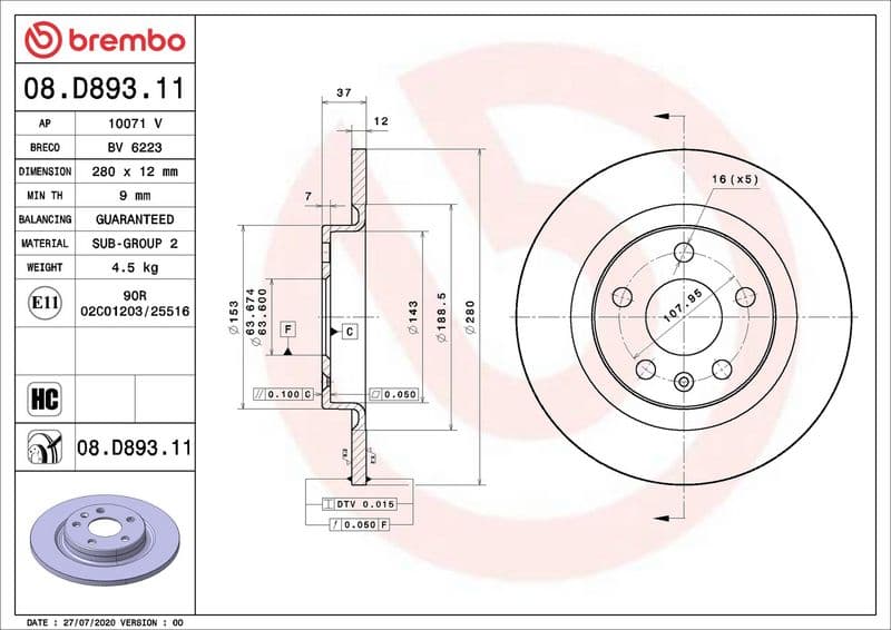Brake disc Achter Links/Rechts past: VOLVO XC40  FIAT 600E / 600  LYNK & CO 01  TESLA MODEL Y 1.2H-Electric 10.17-