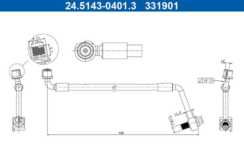 Remleiding/slang flexibel Achter Links (lengte 400mm, M10x1) past: OPEL ASTRA K 1.0-1.6D 06.15-12.21
