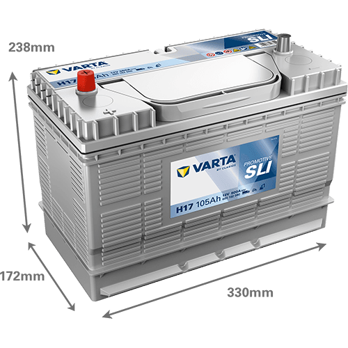 Batterij 12V 105Ah/800A (EN) PROMOTIVE SLI (L+) 330x172x240 B01 - montageflens 10,5 mm (Beginnen)