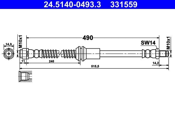 Remleiding/slang flexibel Voor Links/Rechts (lengte 490mm, M10x1/M10x1) past: MERCEDES GLK (X204) 2.0-3.5 06.08-12.15