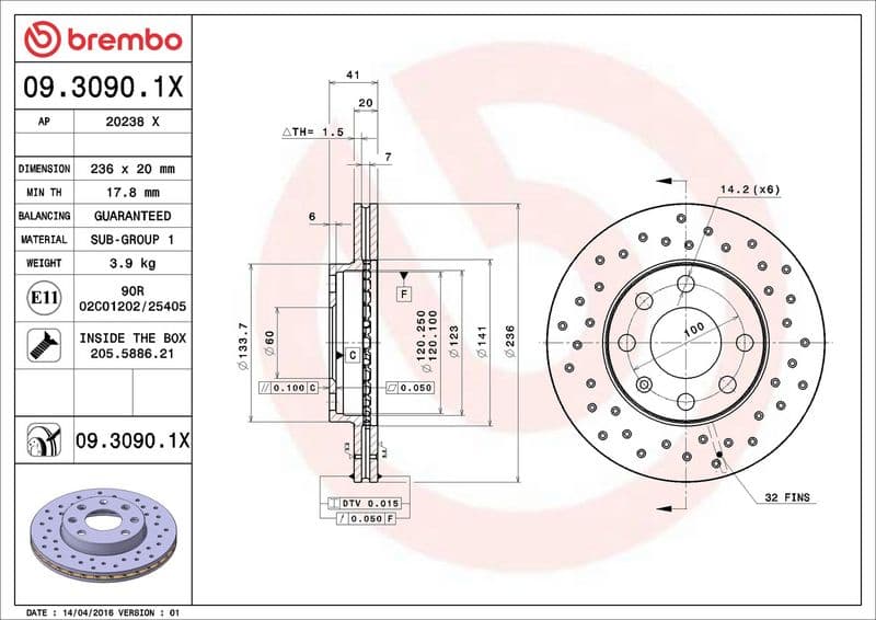 Brake disc, BREMBO Xtra, 1pcs, Drilled, Voor   Links/Rechts, buitendiameter 236 mm, dikte 20 mm, past: CHEVROLET AVEO / KALOS, CORSA, LANOS  DAEWOO LANOS, NEXIA 1.3-1.6 08.94-