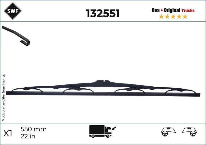 Wisserblad draaibaar Voor (1pcs) Truck 550mm past: MERCEDES SPRINTER 2-T (B901, B902), SPRINTER 3-T (B903), SPRINTER 4-T (B904), SPRINTER 5-T (B905)  CITROEN BERLINGO  DAF 95, 95 XF, XF 105 08.90-