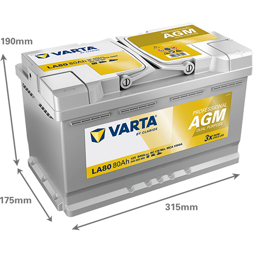 Batterij VARTA 12V 80Ah (EN) PROFESSIONAL DUAL PURPOSE AGM R+ 315x175x190mm, B13 - montageflens 10,5 mm
