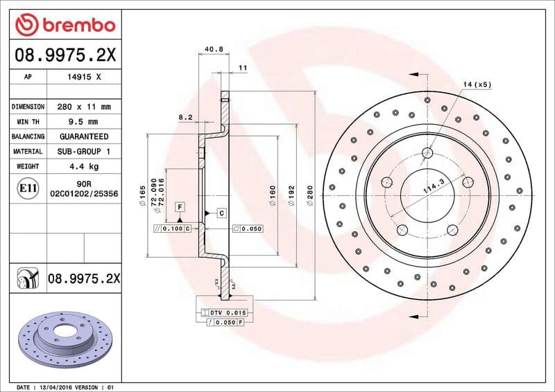 Brake disc, BREMBO Xtra, 1pcs, Drilled, Achter   Links/Rechts, buitendiameter 280 mm, dikte 11 mm, past: MAZDA 3, 5 1.6D-2.3 10.03-