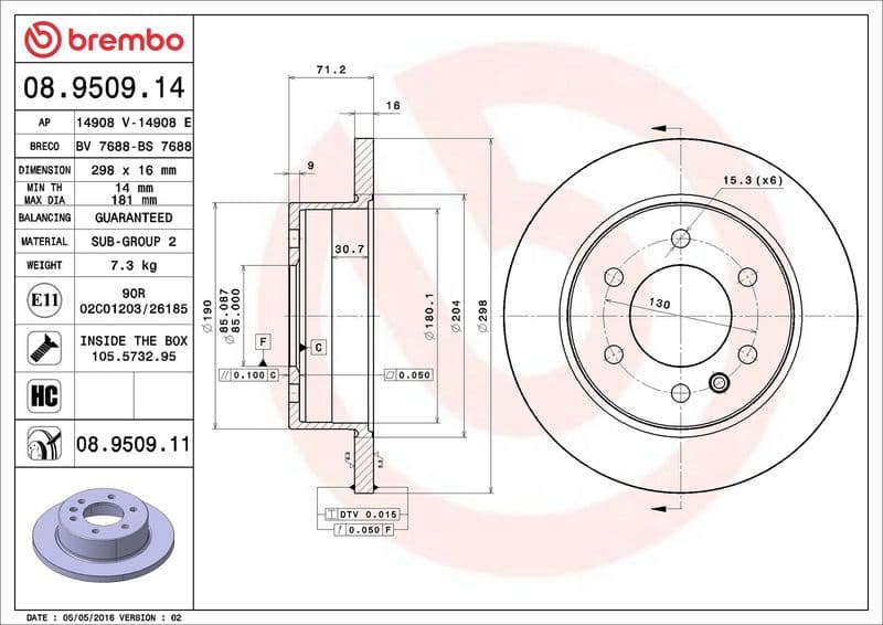 Brake disc Achter Links/Rechts past: MERCEDES SPRINTER 2-T (B901, B902), SPRINTER 3,5-T (B906), SPRINTER 3,5-T (B907), SPRINTER 3,5-T (B907, B910), SPRINTER 3-T (B903) 1.8-Electric 02.95-
