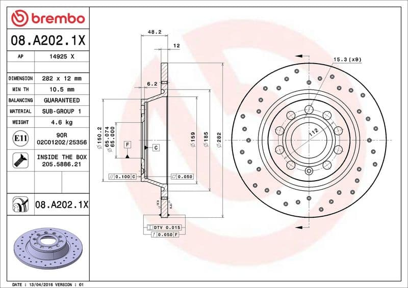 Brake disc, BREMBO Xtra, 1pcs, Drilled, Achter   Links/Rechts, buitendiameter 282 mm, dikte 12 mm, past: AUDI A3, Q3  SEAT ALHAMBRA, ALTEA, ALTEA XL, LEON, TOLEDO III 1.2-3.6 02.03-