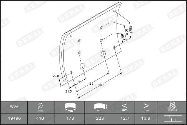 Brake shoe lining Achter (410x223. basis) past: MAN E2000, EL, EM, F2000, F9, F90, F90 UNTERFLUR, HOCL, M 2000 L, M 2000 M, M90, NM, SD, SG, SL, SR, TGA  MERCEDES ACTROS, ACTROS MP2 / MP3 04.74-