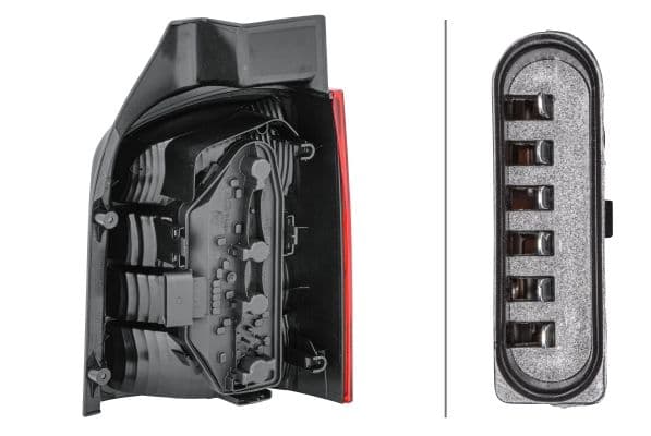 Achterlicht Links (P21/4W/P21W, kleur indicator oranje, kleur van het glas red/transparant/wit, anti-fog licht, achteruitrijlicht) past: VW TRANSPORTER T5 2D 04.03-11.09