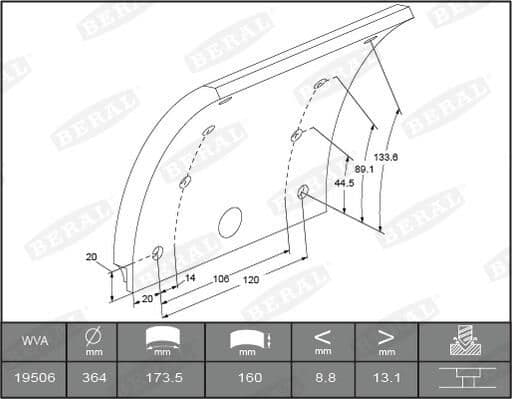 Brake shoe lining Voor (364x160. basis) past: MERCEDES ATEGO, ATEGO 2, LK/LN2, O 301, O 402 01.84-