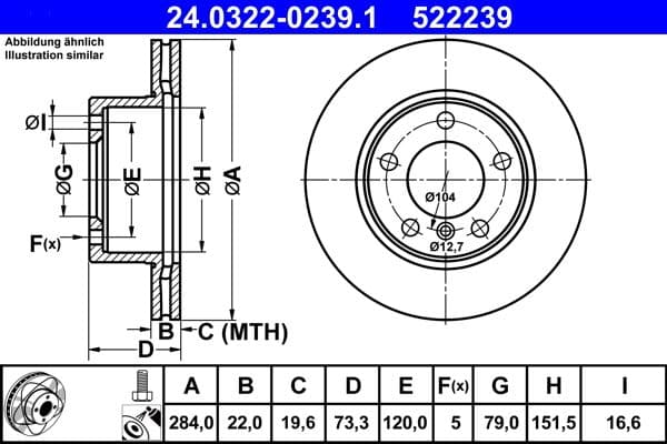 Brake disc, 1pcs, ATE PowerDisc, Geventileerd, Cut, Voor   Links/Rechts, buitendiameter 284 mm, dikte 22 mm, past: BMW 1 (E81), 1 (E87), 1 (F20), 1 (F21), 2 (F22, F87) 1.5-2.0D 06.04-06.21
