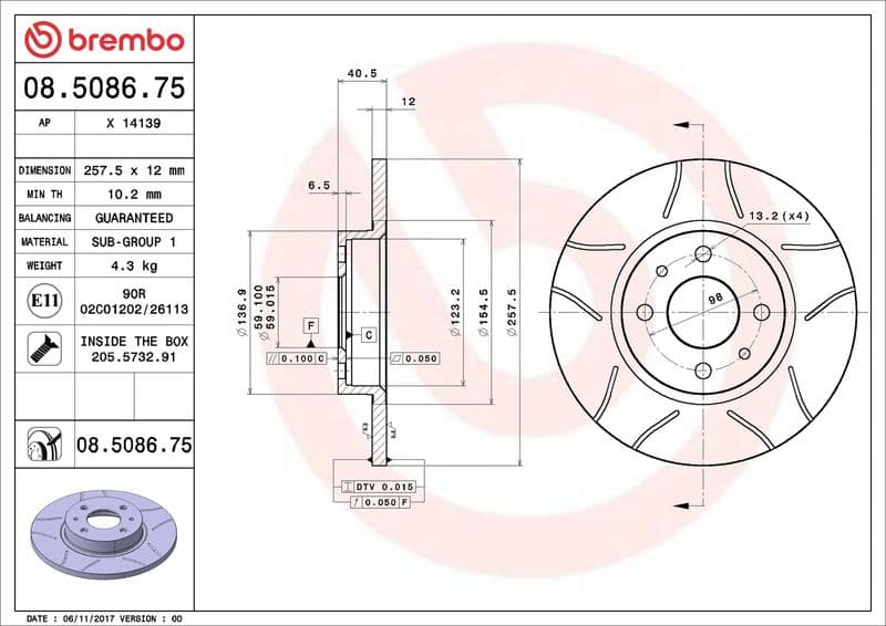 Brake disc, BREMBO Max, 1pcs, Cut, Voor   Links/Rechts, buitendiameter 257 mm, dikte 12 mm, past: ALFA ROMEO 145, 146  FIAT 500, 500 C, MAREA, PANDA, PUNTO, TEMPRA, TIPO 0.9-2.0D 05.89-