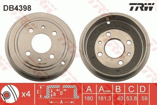 Brake drum Achter past: FIAT 500, 500 C, BRAVA, BRAVO I, GRANDE PUNTO, PANDA, PUNTO, TEMPRA, TIPO, UNO  FORD KA  LANCIA DEDRA, DELTA II, Y, Y10 0.9-1.9D 07.87-