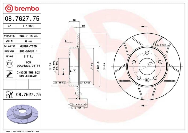 Brake disc, BREMBO Max, 1pcs, Cut, Achter   Links/Rechts, buitendiameter 264 mm, dikte 10 mm, past: CHEVROLET ASTRA, ZAFIRA  OPEL ASTRA G, ASTRA G CLASSIC, ASTRA H 1.2-2.2D 02.98-