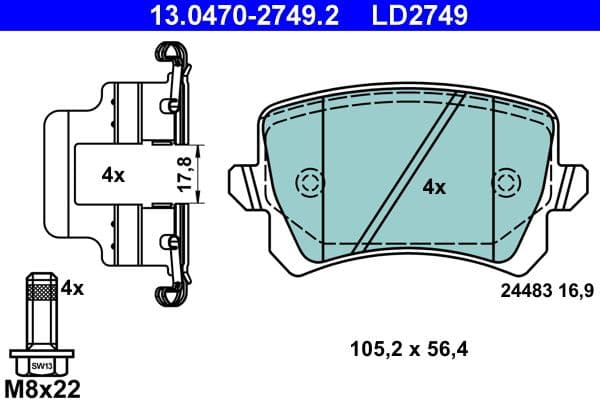Keramische remblokken Achter (voor ongeventileerde schijven), past: AUDI A3, A4 B6, A4 B7, A6 ALLROAD C6, A6 C6, Q3, TT  SEAT ALHAMBRA, ALTEA, EXEO, EXEO ST, LEON 1.2-Electric 02.98-12.22